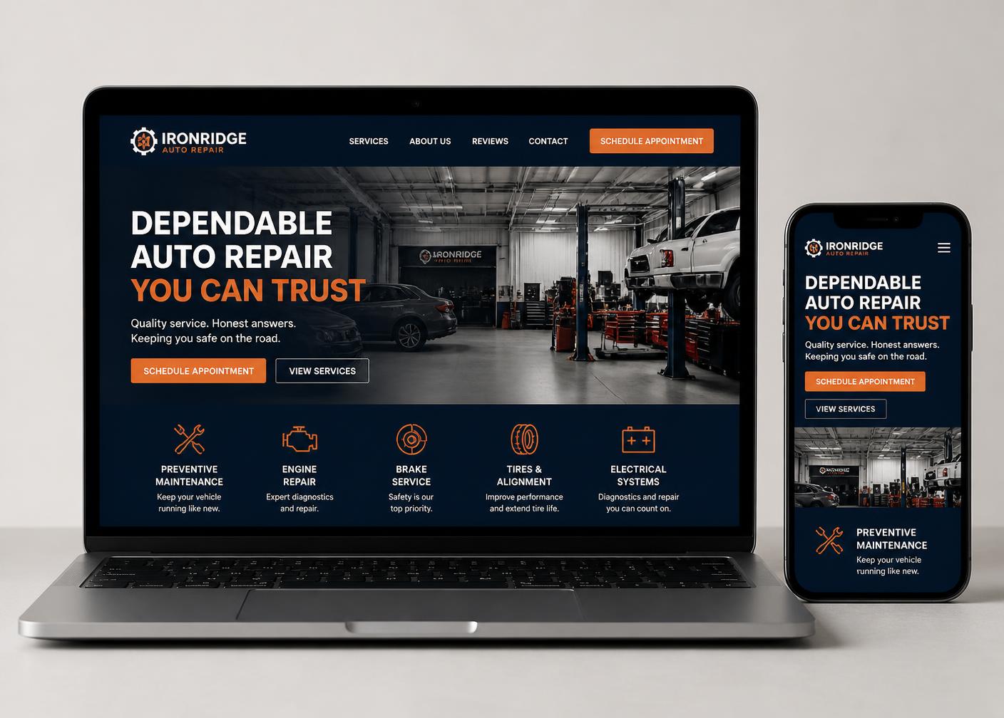 Website designed by Precision Web Design Company for an auto repair shop, shown on a laptop and phone