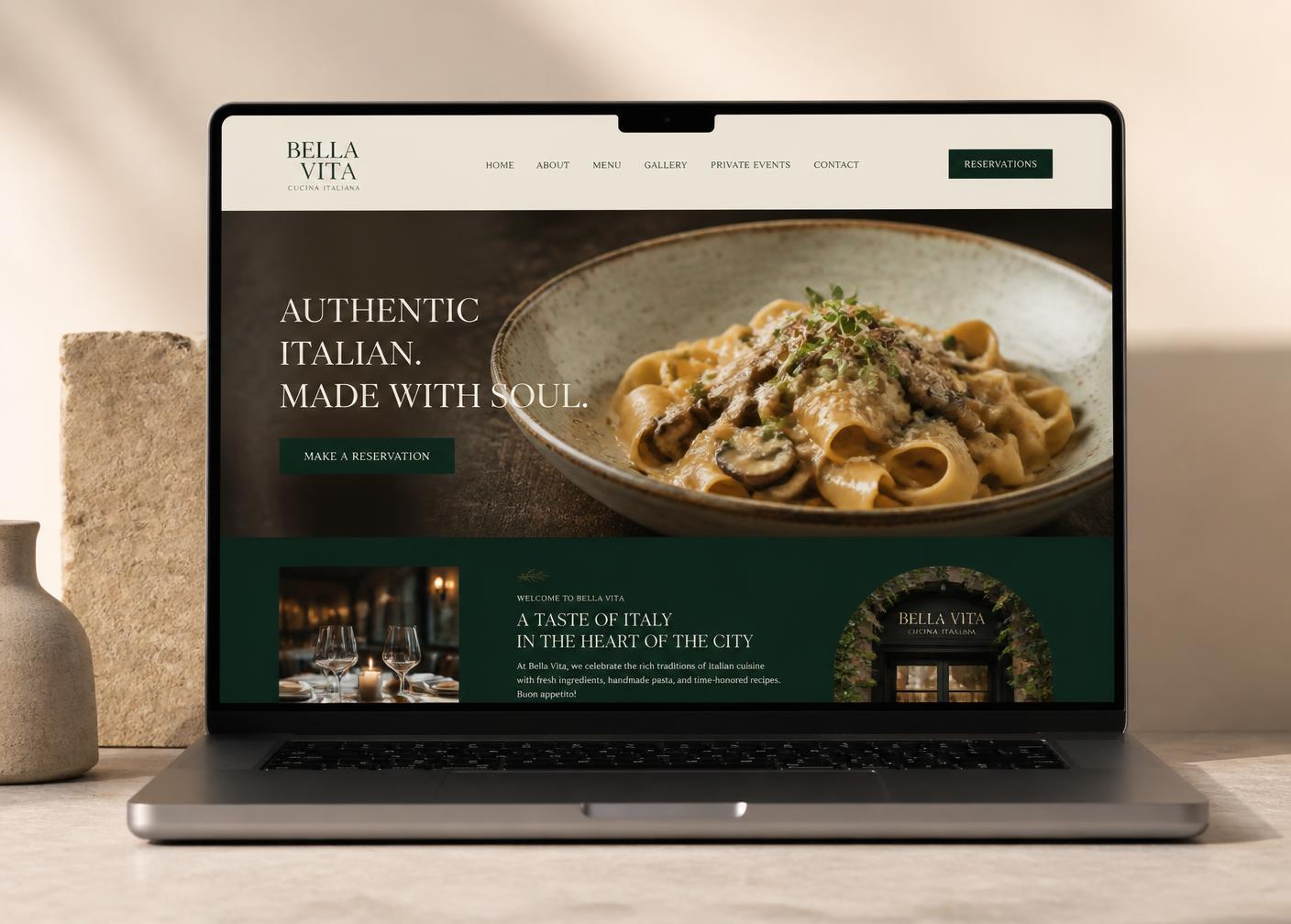 Concept website design for an Italian restaurant shown on a laptop, with food photography and a reservation button
